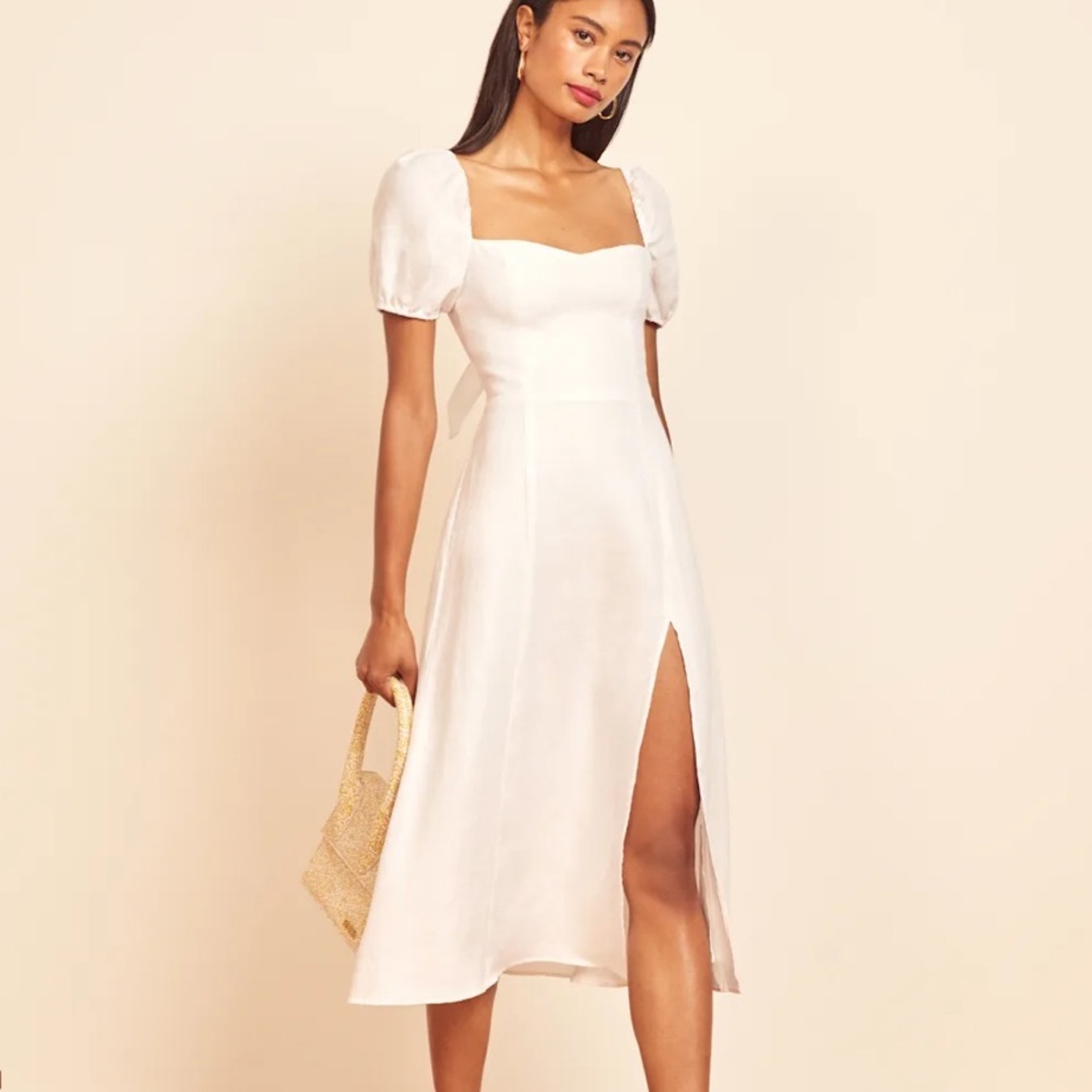Reformation Denver Linen Puff Sleeve Midi Dress in White, Size 2